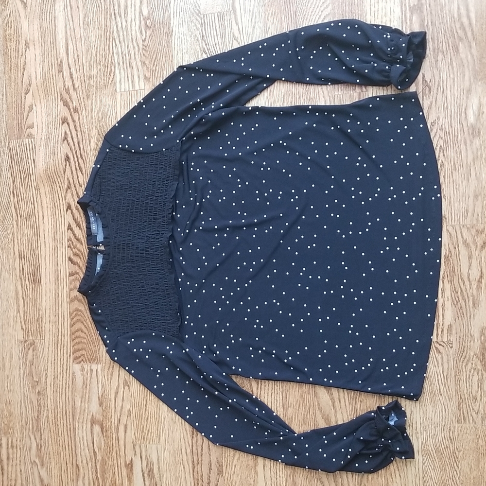 (M) Suzy Shier Polka Dot Print Ruffle Accented Long Sleeved Top Business Casual